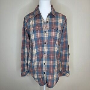 Kavu 100% Cotton Flannel Shirt Blue Brown Corduroy Elbow Patches Womens XS